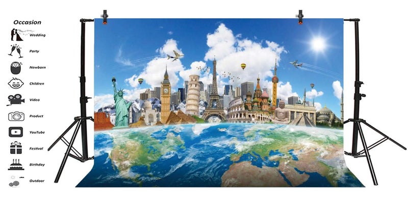 Yeele 10x8ft Around The World Background for Photography Globe Travel Famous Landmark Worldwide Vacation Photo Backdrop Wedding Newlywed Honeymoon Baby Portrait Shoot Studio Props Wallpaper - Image 4